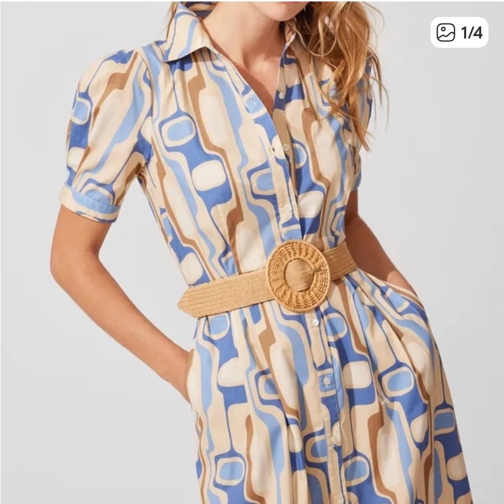 J. McLaughlin Maynard Blue and Tan Retro Geometric Midi Dress